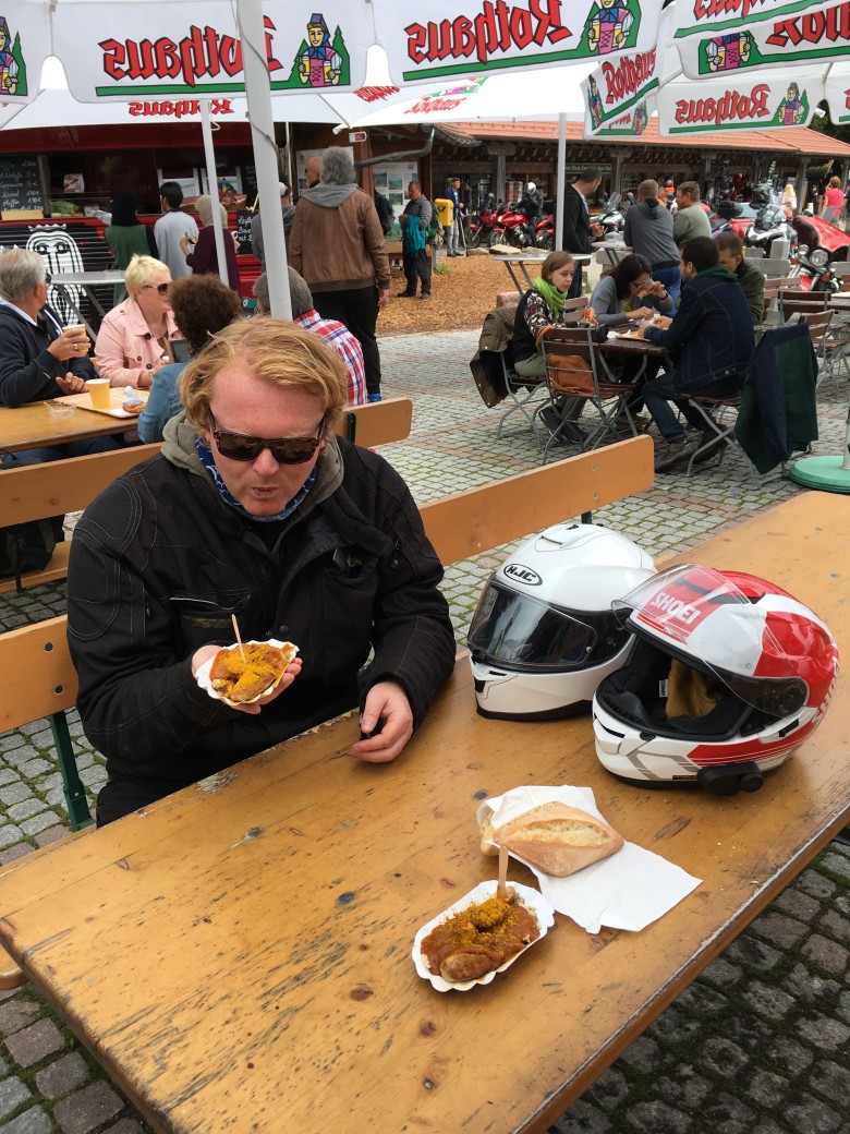 Motorcycle touring in the Black Forest. Germany. Eating local delicacies along the D500.